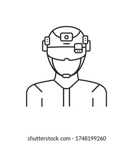 Augmented reality in military black line icon. Man in VR helmet. Pictogram for web page, mobile app, promo. UI UX GUI design element. Editable stroke