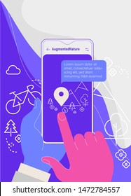 Augmented reality mobile app concept, for travelling navigation and outdoor activity, mobile geolocation and augmented reality content
