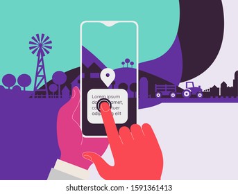 Augmented reality mobile app concept, for travelling navigation and outdoor activity, mobile geolocation and augmented reality content. Trendy vector illustration