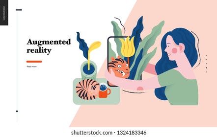 Augmented reality, modern flat vector concept digital illustration -augmented reality metaphor -woman with tablet. Creative landing web page design template