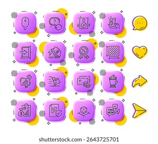 Augmented reality, Music phone and Report line icons. App 3d buttons. Social media comment, share, like icons. Pack of Square area, Latte coffee, Money icon. Vector