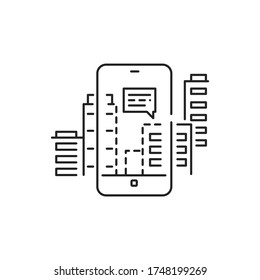 Augmented reality, navigation in city black line icon. City app in smartphone. Pictogram for web page, mobile app, promo. UI UX GUI design element. Editable stroke