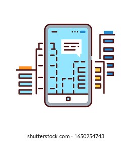 Augmented reality, navigation in city color line icon. City app in smartphone. Pictogram for web page, mobile app, promo. UI UX GUI design element. Editable stroke.