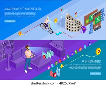 Augmented reality navigation entertainment 2 horizontal isometric banners webpage design with virtual travel games isolated vector illustration 