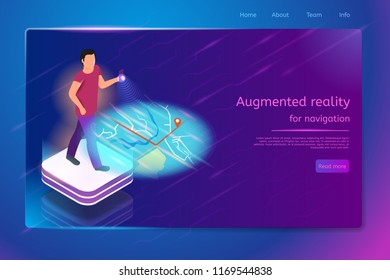 Augmented Reality for Navigation Isometric Web Banner with Man Walking with Smartphone in Hand, Searching Route, Getting Trip Directions on Virtual Map. Online Navigation Service Landing Page Template