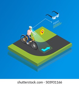 Augmented Reality Navigation System Isometric Poster With Cyclist Interacting With Smart Glasses Computing Landscape Vision Vector Illustration 