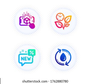 Augmented reality, New and Leaves icons simple set. Button with halftone dots. Refill water sign. Phone simulation, Discount, Grow plant. Recycle aqua. Business set. Vector