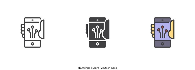 Augmented reality on a mobile phone different style icon set. Line, glyph and filled outline colorful version, outline and filled vector sign. Symbol, logo illustration. Vector graphics