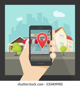 Augmented reality on mobile phone, concept of virtual popular street location on smartphone, navigation point city position on screen, mobile geo location service idea, vector illustration