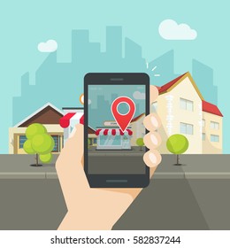 Augmented reality on mobile phone, concept of virtual popular street location on smartphone, navigation point city position on cellphone screen, mobile geo location service idea, vector illustration