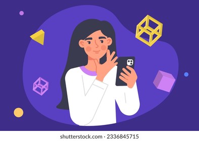 Augmented reality on smartphone concept. Woman with geometric figures. AR on phone. Innovations and modern technologies. Poster or banner for website. Cartoon flat vector illustration