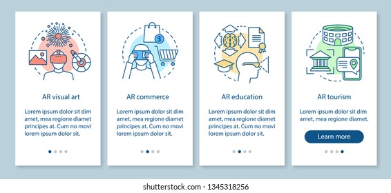 Augmented reality onboarding mobile app page screen with concepts. AR visual art, commerce, education, tourism walkthrough steps graphic instructions. UX, UI, GUI vector template with icons
