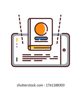 Icono de línea de color de libro de lectura de realidad aumentada. Biblioteca virtual en smartphone. Tecnología innovadora. Pictograma para página web, aplicación móvil, promoción. elemento de diseño de interfaz gráfica de usuario (GUI) de UI UX. Trazo editable.
