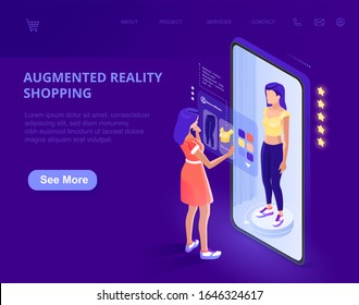 Augmented Reality. augmented reality online shopping. AR. The character uses a smartphone. Landing page template. 3d vector isometric illustration