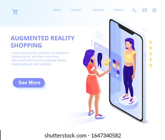 Augmented Reality. augmented reality online shopping. AR. The character uses a smartphone. Landing page template. 3d vector isometric illustration
