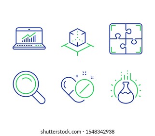 Augmented reality, Online statistics and Medical pills line icons set. Search, Puzzle and Chemistry experiment signs. Virtual reality, Computer data, Drugs. Magnifying glass. Science set. Vector