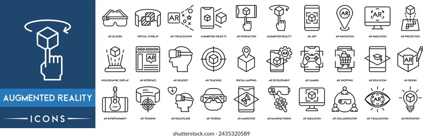 Augmented Reality Outline Icon Collection. AR Glasses, Virtual Overlay, Collaboration, AR Visualization, Augmented Objects, Simulation, Navigation, AR Simulation, Holographic and Display Development