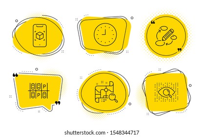 Augmented reality, Parking place and Artificial intelligence signs. Chat bubbles. Search map, Keywords and Clock line icons set. Find address, Marketing strategy, Time or watch. Vector