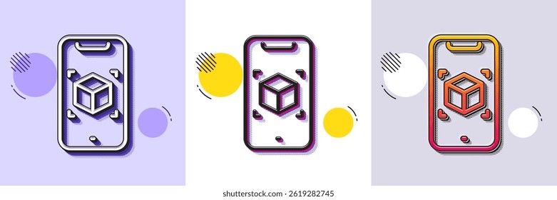 Augmented reality phone line icon. Halftone dotted pattern. Gradient icon with grain shadow. VR simulation sign. 3d cube symbol. Line augmented reality icon. Various designs. Vector