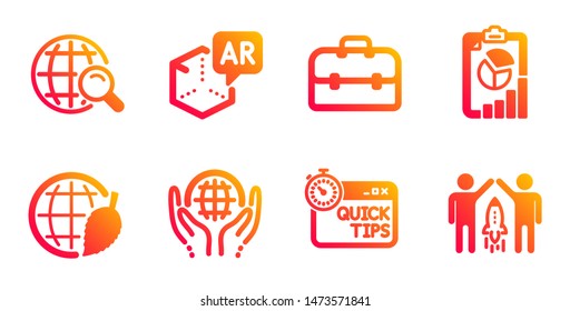 Augmented reality, Portfolio and Quick tips line icons set. Internet search, Report and Environment day signs. Organic tested, Partnership symbols. Virtual reality, Business case. Vector