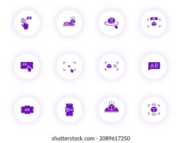 iconos vectoriales de color púrpura de realidad aumentada en botones redondos claros con sombra púrpura. conjunto de iconos de realidad aumentada para web, aplicaciones móviles, diseño e impresión de ui
