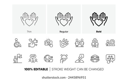 Realidad aumentada, Estrella de Ranking e Iconos de línea Like. Paquete de grupo de mujeres, seguro familiar, icono de entrevista. Video Discapacidad, clientes VIP, Discriminación. Iconos de línea. Vector