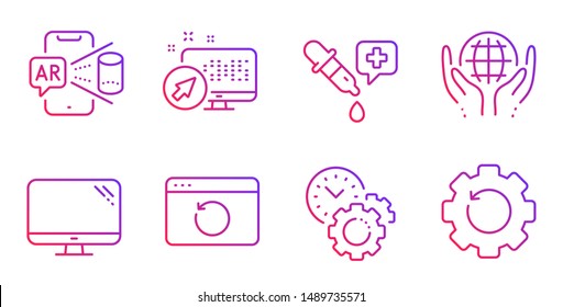 Augmented reality, Recovery internet and Web system line icons set. Computer, Chemistry pipette and Time management signs. Organic tested, Recovery gear symbols. Vector
