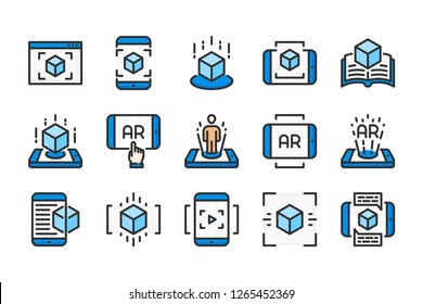 Augmented reality related color line icons. Interactive simulation vector linear colorful icon set. Isolated icon collection on white background.