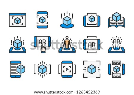 Augmented reality related color line icons. Interactive simulation vector linear colorful icon set. Isolated icon collection on white background.