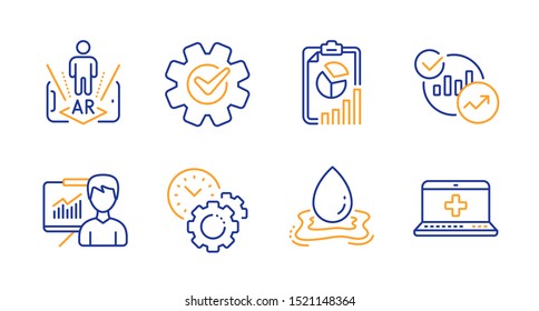 Augmented reality, Report and Time management line icons set. Statistics, Cogwheel and Water splash signs. Presentation, Medical help symbols. Phone simulation, Presentation chart. Vector