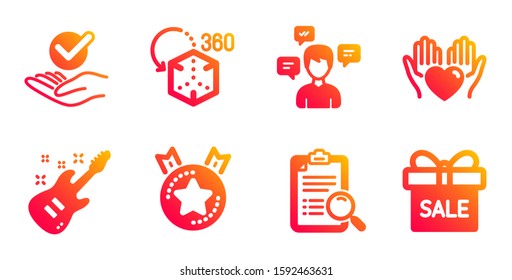 Augmented reality, Search analysis and Conversation messages line icons set. Electric guitar, Hold heart and Ranking star signs. Approved, Sale offer symbols. Virtual reality, Find survey. Vector