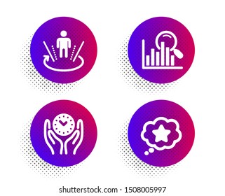 Augmented reality, Search and Safe time icons simple set. Halftone dots button. Loyalty star sign. Virtual reality, Analytics, Management. Bonus reward. Business set. Vector