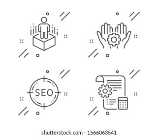 Augmented reality, Seo and Employee hand line icons set. Settings blueprint sign. Virtual reality, Search target, Work gear. Report document. Technology set. Vector