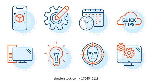 Realidad aumentada, Preferencias y signos de consejos rápidos. Los iconos Idea, Calendar time y CogWheel line están configurados. Detección de caras, símbolos de computadoras. Bombilla, reloj. Conjunto de ciencia. Conjunto de iconos de esquema. Vector