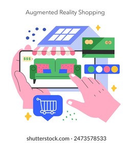 Concepto de compras de realidad aumentada. Transformación digital en retail con compras virtuales y pago online. Experiencia interactiva del consumidor con innovación tecnológica. Ilustración vectorial.