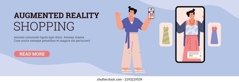 Augmented reality shopping, web banner template - flat vector illustration. Woman trying on different clothes with computer generated AR on her phone. Future technologies.