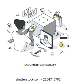 Augmented reality in shopping. Woman previews the product on the smartphone as though she is actually in front of that product in a store. Isometric vector illustration with isolated objects