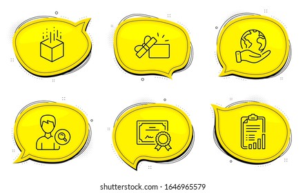 Augmented reality sign. Diploma certificate, save planet chat bubbles. Checklist, Opened gift and Search people line icons set. Graph report, Present box, Find profile. Virtual reality. Vector