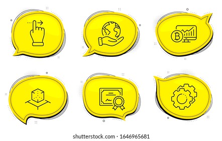 Augmented reality sign. Diploma certificate, save planet chat bubbles. Bitcoin chart, Touchscreen gesture and Settings gears line icons set. Vector