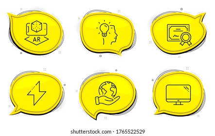 Augmented reality sign. Diploma certificate, save planet chat bubbles. Computer, Energy and Idea line icons set. Pc component, Thunderbolt, Professional job. Phone simulation. Science set. Vector