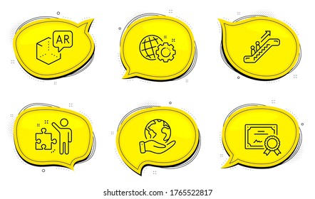 Augmented reality sign. Diploma certificate, save planet chat bubbles. Escalator, Seo gear and Strategy line icons set. Elevator, Web settings, Business plan. Virtual reality. Technology set. Vector