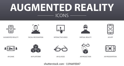 Augmented reality simple concept icons set. Contains such icons as Facial Recognition, AR app, AR game, Virtual Reality and more, can be used for web, logo, UI/UX