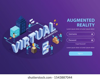 Augmented reality site users visualizing information creating smartphone virtual screens isometric landing page purple background vector illustration 