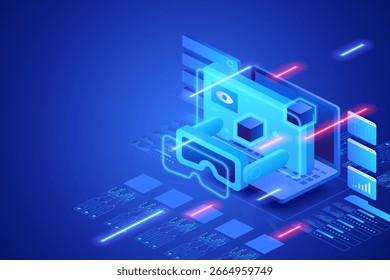 Augmented reality in smart factory operations with realtime 3D data visualization, digital overlays and virtual controls for industrial automation and efficiency in production systems Vector isometric