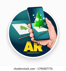 Augmented reality. Smartphone interaction with augmented reality icon. Round sign. Vector EPS10.