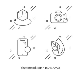 Augmented reality, Smartphone recovery and Photo camera line icons set. Organic product sign. Virtual reality, Phone repair, Love photos. Leaf. Technology set. Vector