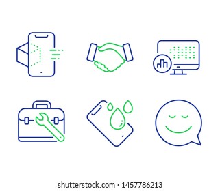 Augmented reality, Smartphone waterproof and Report statistics line icons set. Handshake, Tool case and Smile signs. Phone simulation, Phone, Graph chart. Deal hand. Business set. Vector