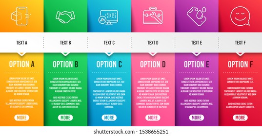 Augmented reality, Smartphone waterproof and Report statistics line icons set. Infographic timeline. Handshake, Tool case and Smile signs. Phone simulation, Phone, Graph chart. Deal hand. Vector
