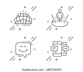 Augmented reality, Smile chat and Arena stadium line icons set. Smartphone sms sign. Virtual reality, Happy face, Sport complex. Mobile messages. Line augmented reality outline icon. Vector