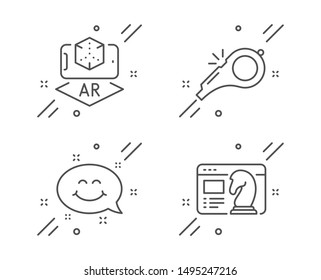 Augmented reality, Smile chat and Whistle line icons set. Seo strategy sign. Phone simulation, Happy emoticon, Kick-off. Chess knight. Business set. Line augmented reality outline icon. Vector